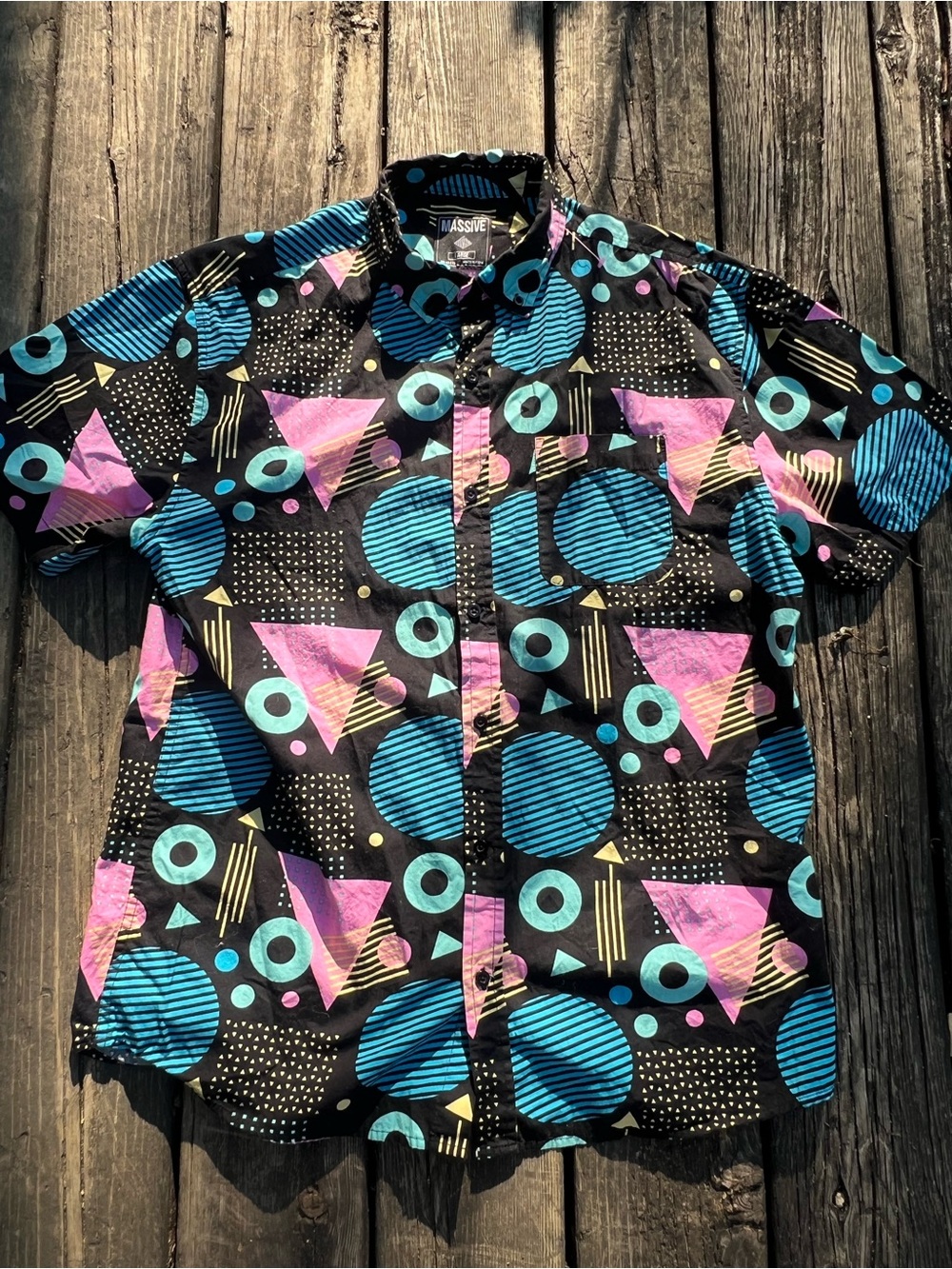 Massive Men's L Geometric Cotton Woven Short Sleeve Button-Up Shirt Black Teal